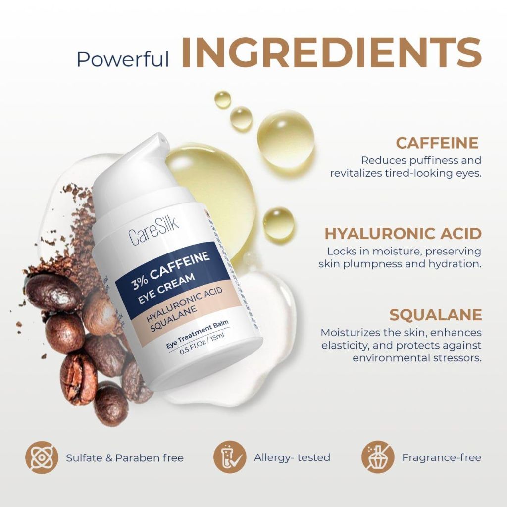 CARESILK Caffeine Eye Cream for Puffy Eyes Treatment + Hyaluronic Acid & Squalane - 0.5oz