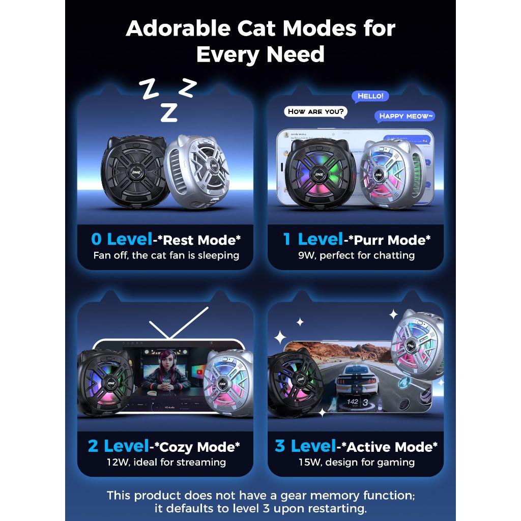 IINE Chill Meow Magnetic Cooling Fan, Adjustable 3-Speed Cooling Fan with RGB Light, Sliver