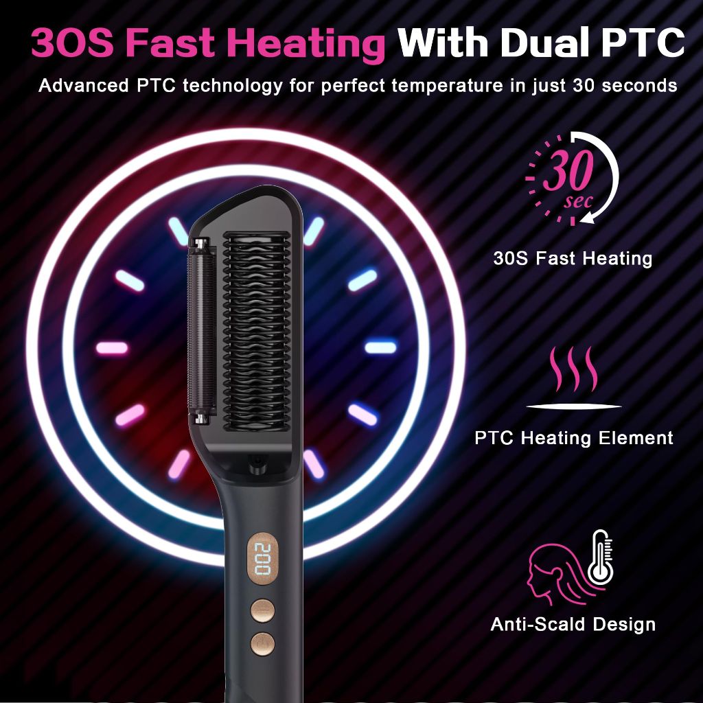 DAILYLIFE Hair Straightening Brush with Oil-Infused, Ionic Plates, 20s Fast Heating, 9 Temps, LCD Display - Black