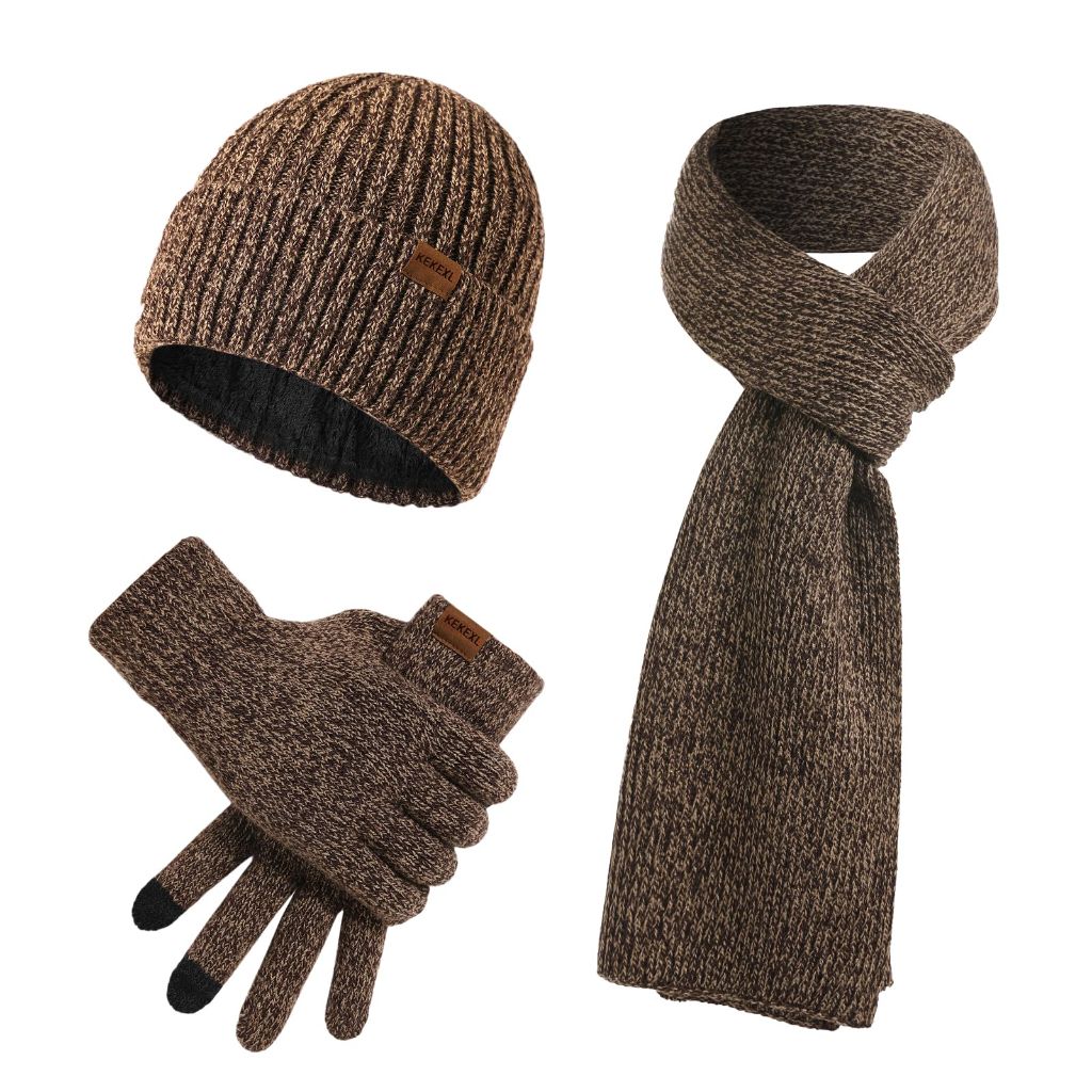 KEKEXL winter thickened hat, scarf, and touchscreen gloves set for Adults (khaki)
