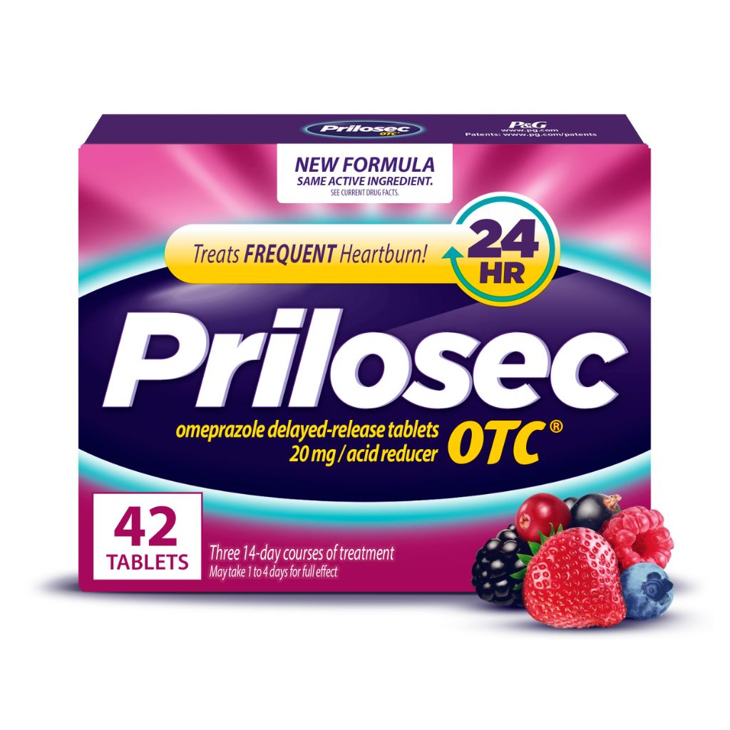Prilosec OTC, Omeprazole Delayed Release 20mg, 20mg, Wildberry Flavor, 42 Tablets