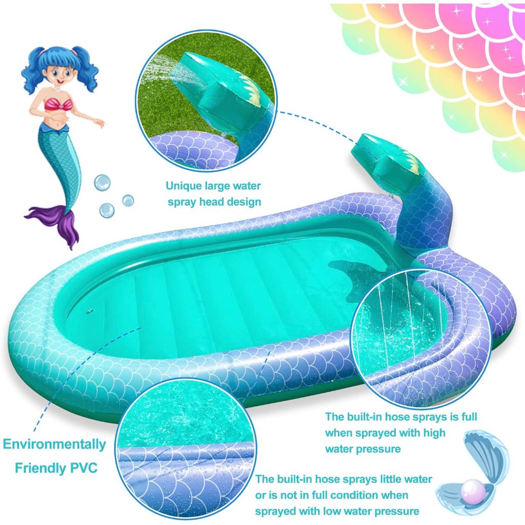 75" Sprinkler & Splash Pad for Kids, Large Outdoor Mermaid Sprinklers Play Mat Summer Water Play Toys Inflatable Sprinkler Pad, Fun Play Pool for Toddlers Babies Over 3 Years Boys Girls