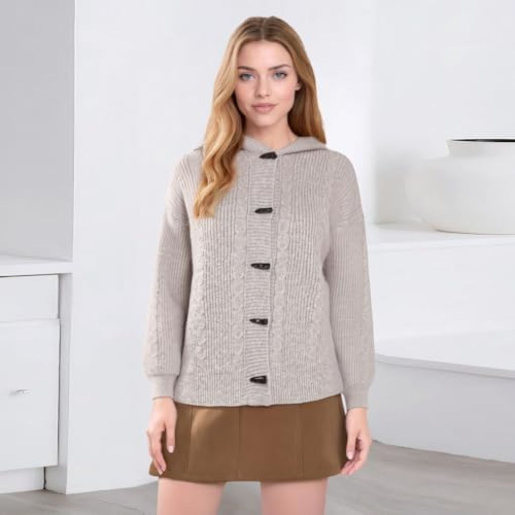 Women's Fashion Hooded Knit Open Front Sweater Long Sleeve Button Outerwear Coats