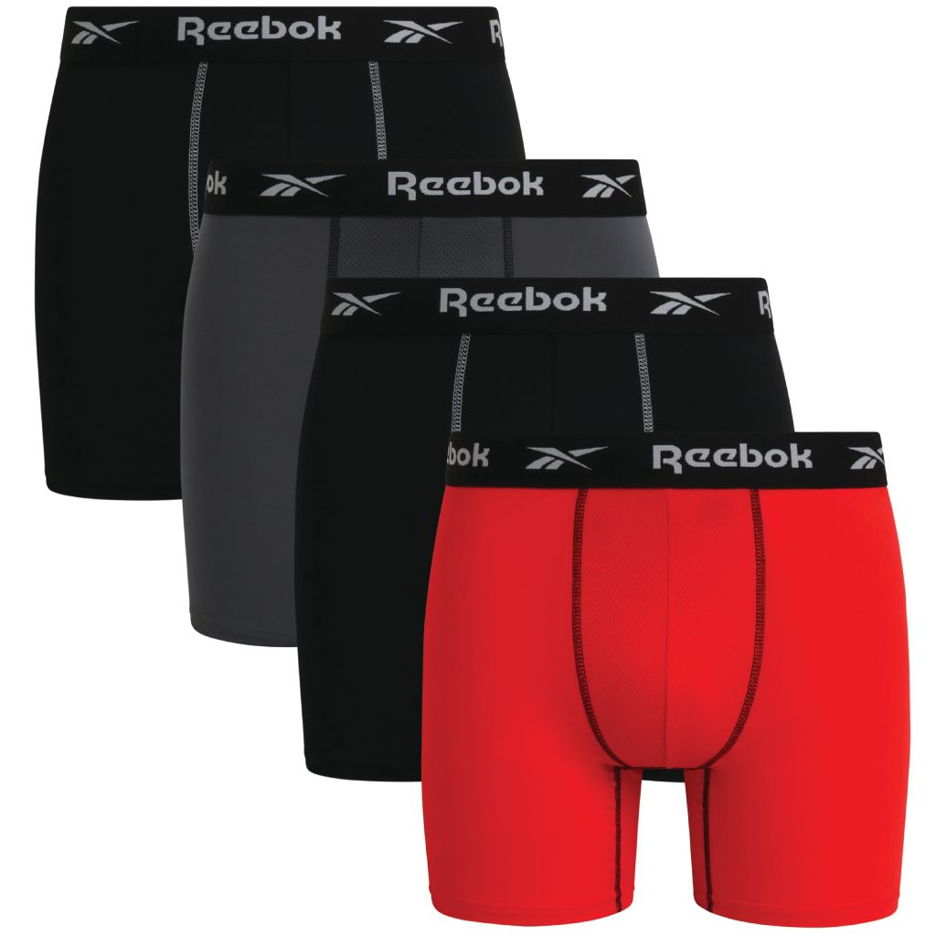 Reebok Mens Boxer Briefs - 4 Pack 6'' Inseam Tag Free Stretch Moisture Wicking Underwear Boxers with Contour Pouch, Size Small, Black/Red/Grey