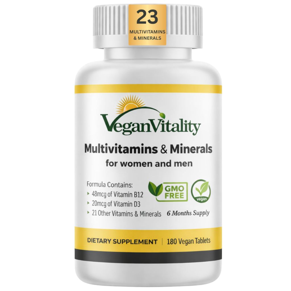 Vegan Vitality Multivitamins & Minerals with High Strength Vitamin B12, D3 & K2. 180 Tablets