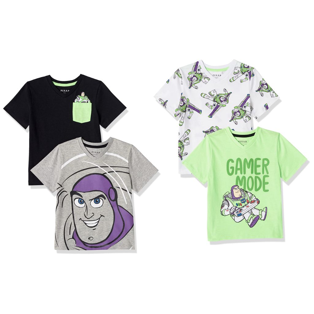 SZ S, Spotted Zebra Boy's Disney Star Wars Marvel Short-Sleeve V-Neck T-Shirts, 4-Pack Toy Story Neon Buzz