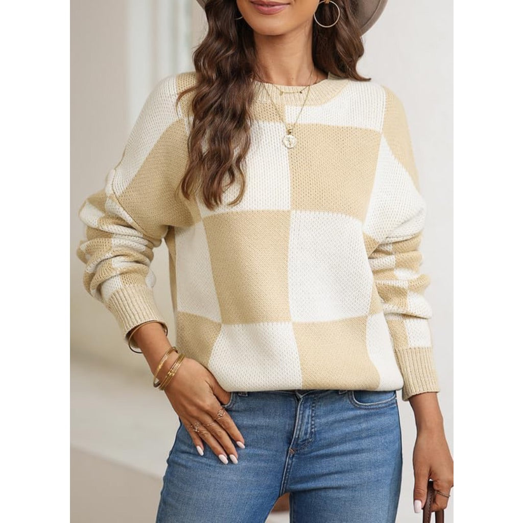 EVALESS Women's Cable Knit Checkered Oversized Sweater, Khaki, Size Small