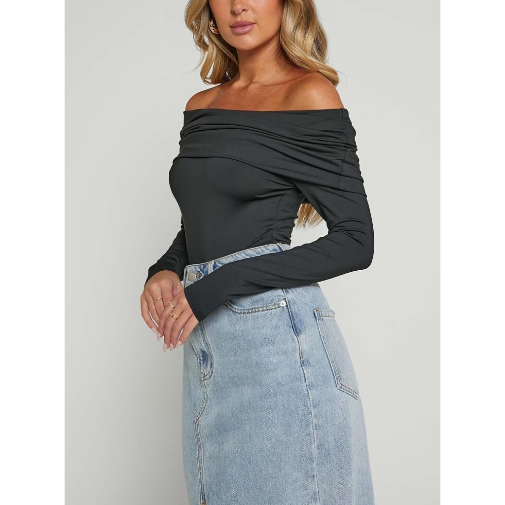 Women's Sexy Off The Shoulder Ruched Layer Long Sleeve Bodysuit Tops Shirts