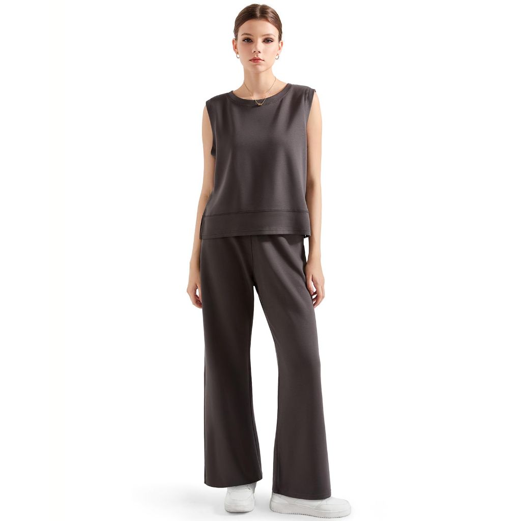 SUUKSESS Women 2pc Lounge Sets Matching Sweatsuits Wide Leg Sweatpants Sleeveless Sweatshirts (Dark Grey, S)