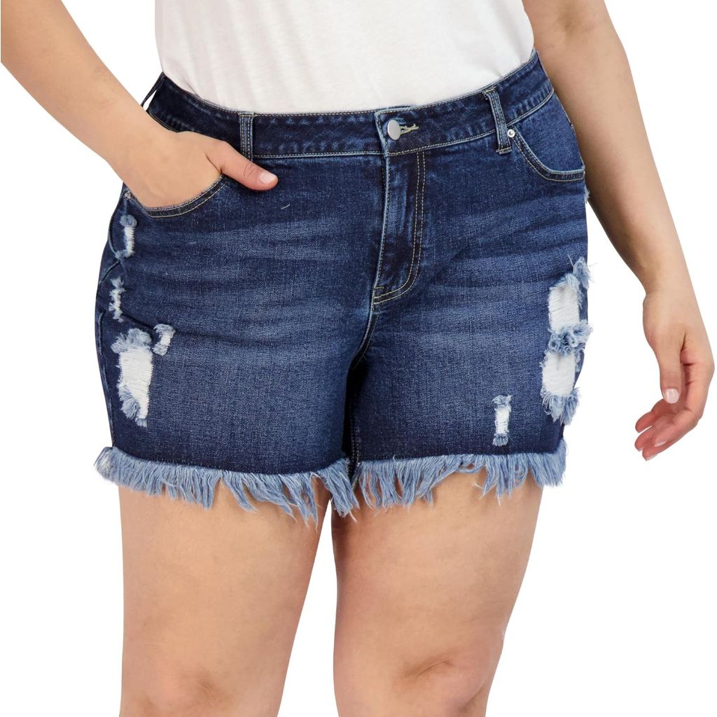 Women's Plus Alivia Ford Denim Shorts: Frayed Hem, High Waist - Dark Wash, 22W