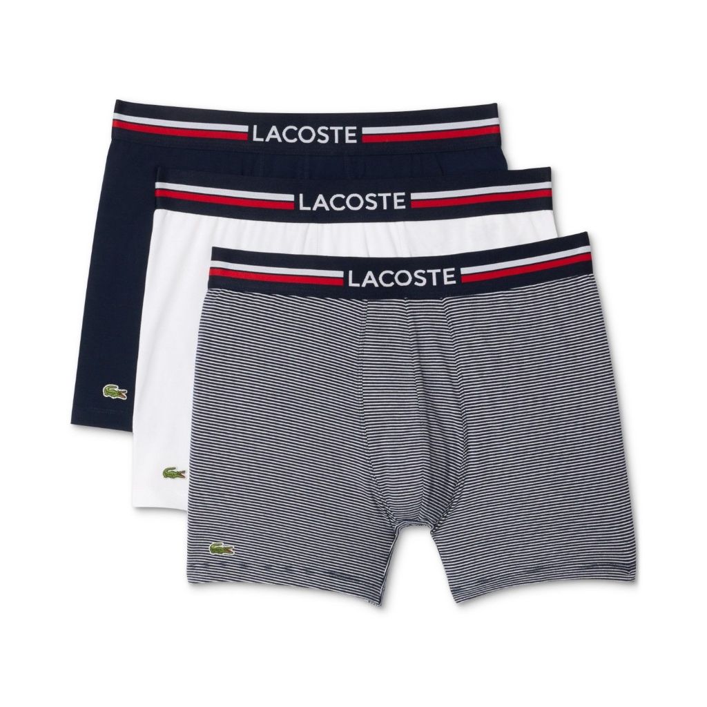 Lacoste Men's Regular Fit Stretch French Flag Boxer Briefs, Pack of 3 - Navy Blue Assorted Size L
