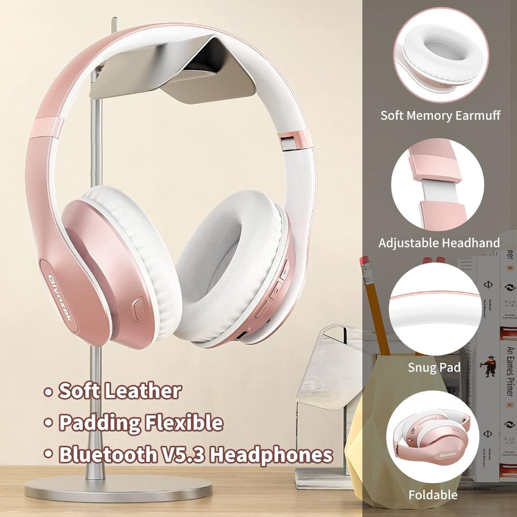Wireless Bluetooth Over Ear Headphones, 65H Playtime HiFi Stereo w/Microphone and 6EQ Modes, Foldable - Rose Gold