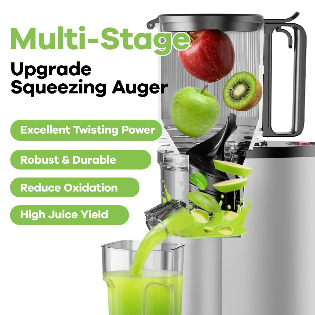 EanOruus Cold Press Juicer, 5.8" Wide Feed Chute Juice Extractor Machine with 400W | Silver