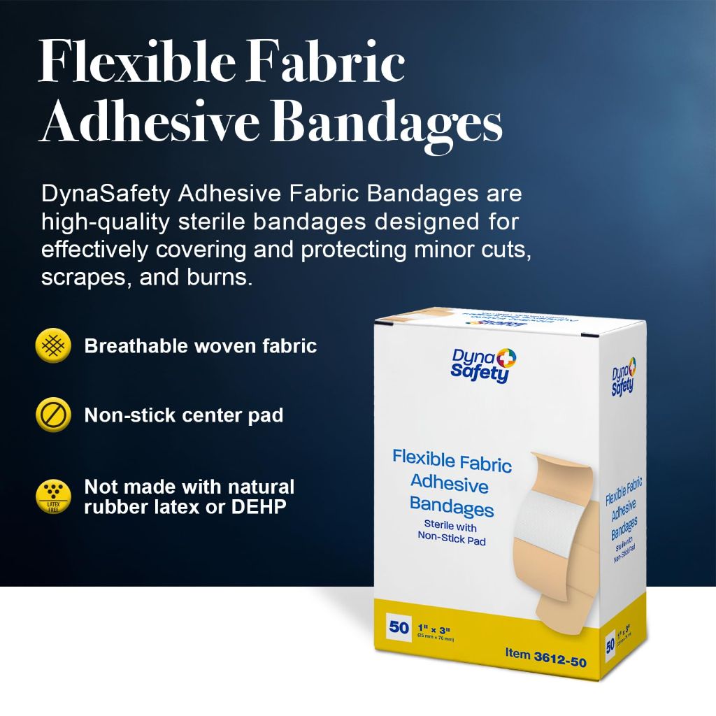 Dynarex Sterile Adhesive Fabric Bandages – 1" x 3" Flexible Wound Dressing, 1 Box of 50