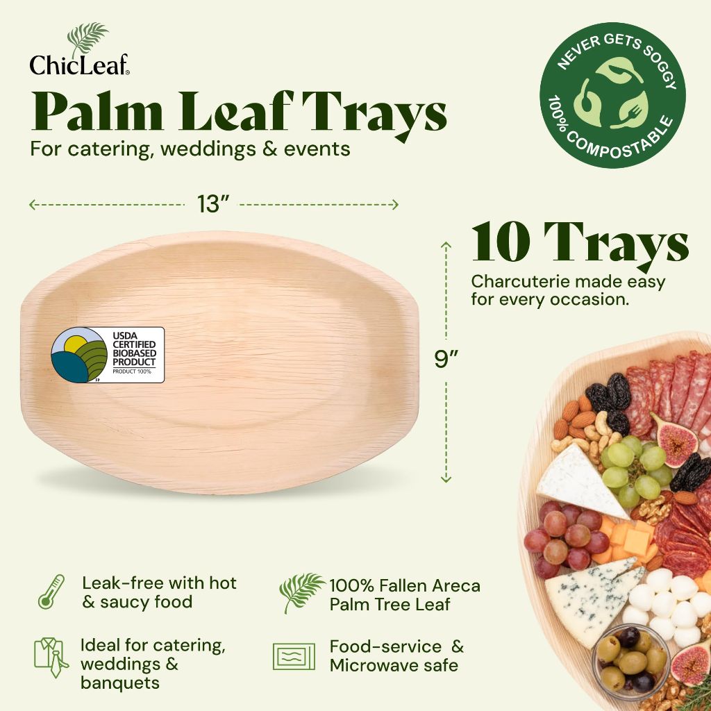 Chic Leaf All Natural Compostable & Disposable Rectangular 13" x 9" Palm Leaf Platters Serving Tray (10 pc)
