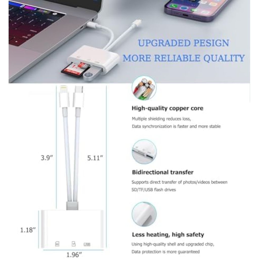 USB C SD Card Reader for iPhone, iPad, Lightning Dual Port SD Card Adapter, Memory Card Reader for Camera Adapter, Support SD, Micro SD, USB 3.0, Plug and Play