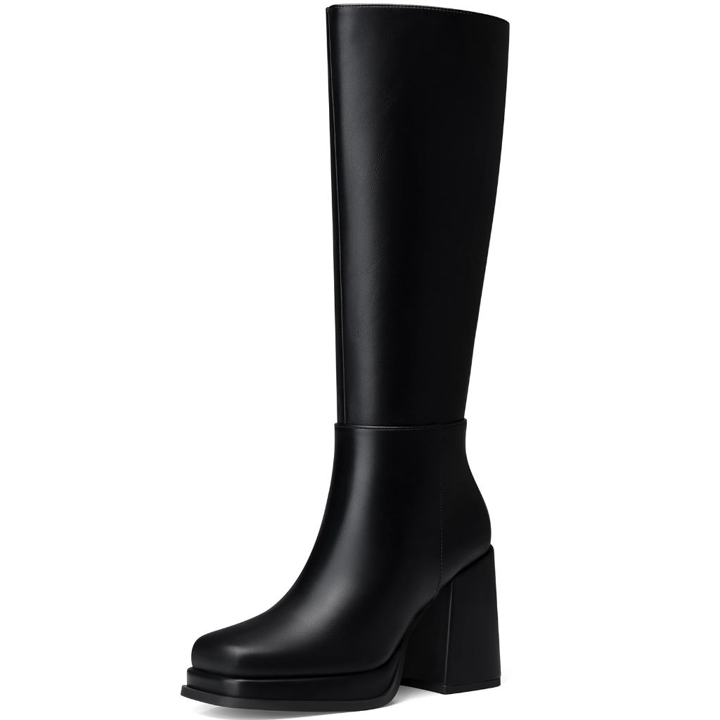 SZ 9, CELLENZ Women Knee High Boots: Fashion Chunky Heel Boots - Black Leather