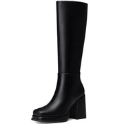 SZ 9, CELLENZ Women Knee High Boots: Fashion Chunky Heel Boots - Black Leather