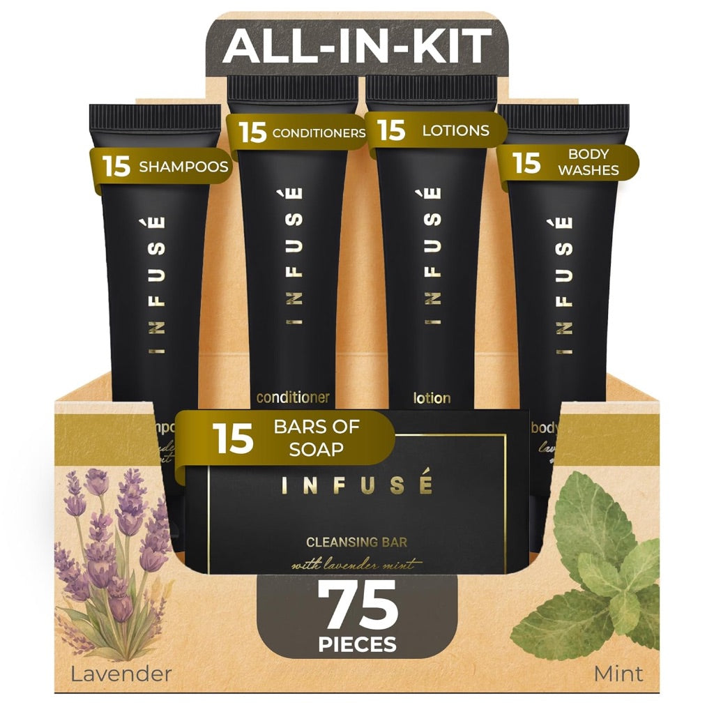 Infuse Black Soaps & Toiletries Bulk Set, 1 oz Shampoo, Conditioner, Body Wash, Lotion, 1.25 oz Cleansing Bar, Lavender Mint - 75 Pieces