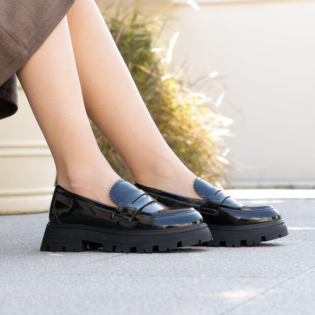 Chunky Loafers Women Platform Shoes for Women Chunky Heel Lug Sole Loafers Penny Shoes Slip ons Round Toe LF04W-184-RT-BLACK-8.5