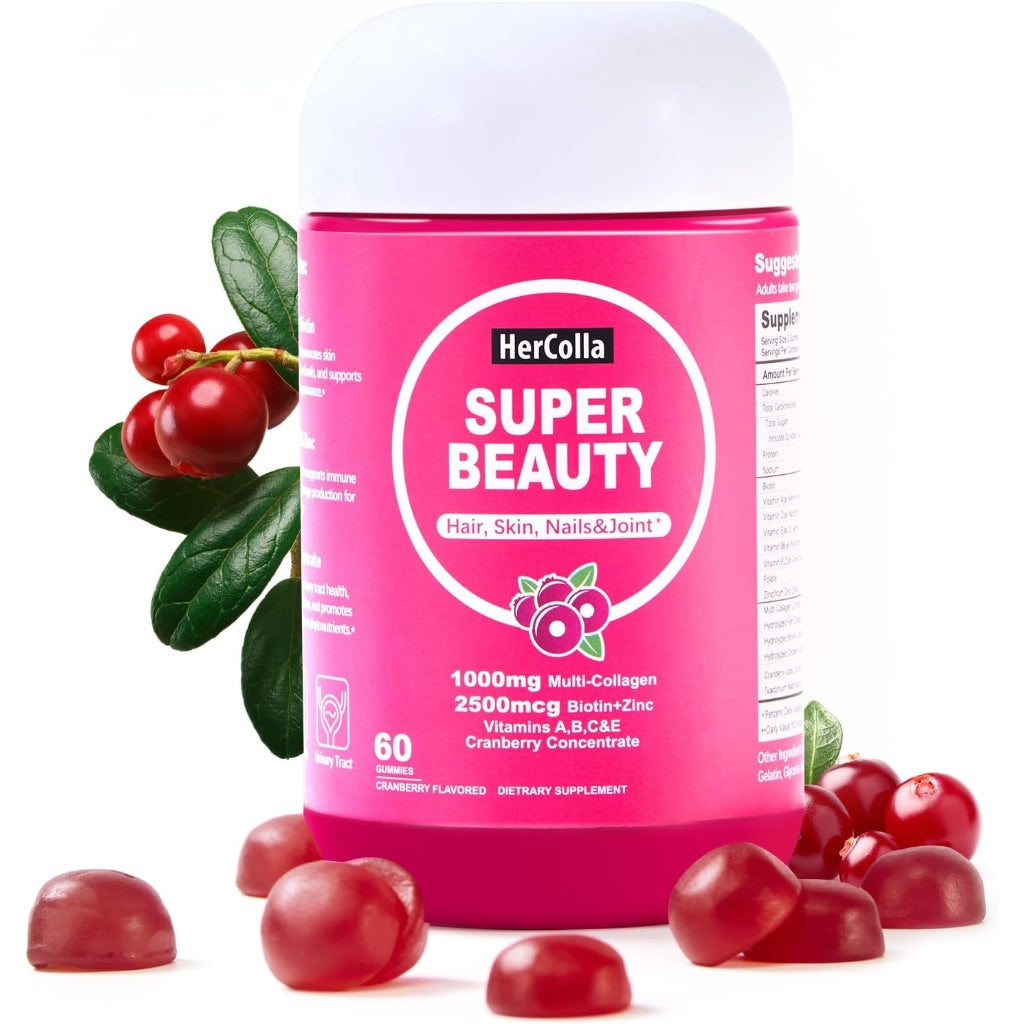 HerColla Super Beauty 1000mg Multi Collagen Gummies with 2500mcg Biotin - Cranberry Flavored, 60ct