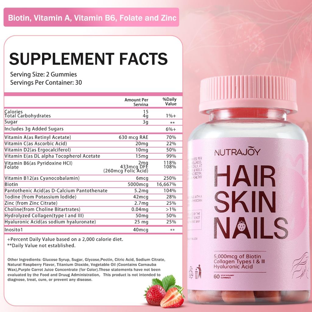 Hair Skin and Nails Gummies, 5000 mcg Biotin Gummies, Strawberry Flavor, 60 Gummies