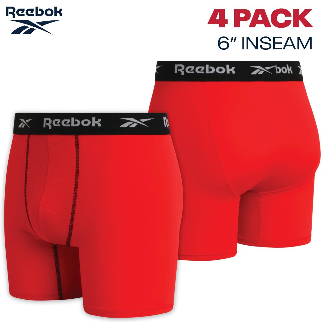 Reebok Mens Boxer Briefs - 4 Pack 6'' Inseam Tag Free Stretch Moisture Wicking Underwear Boxers with Contour Pouch, Size Small, Black/Red/Grey