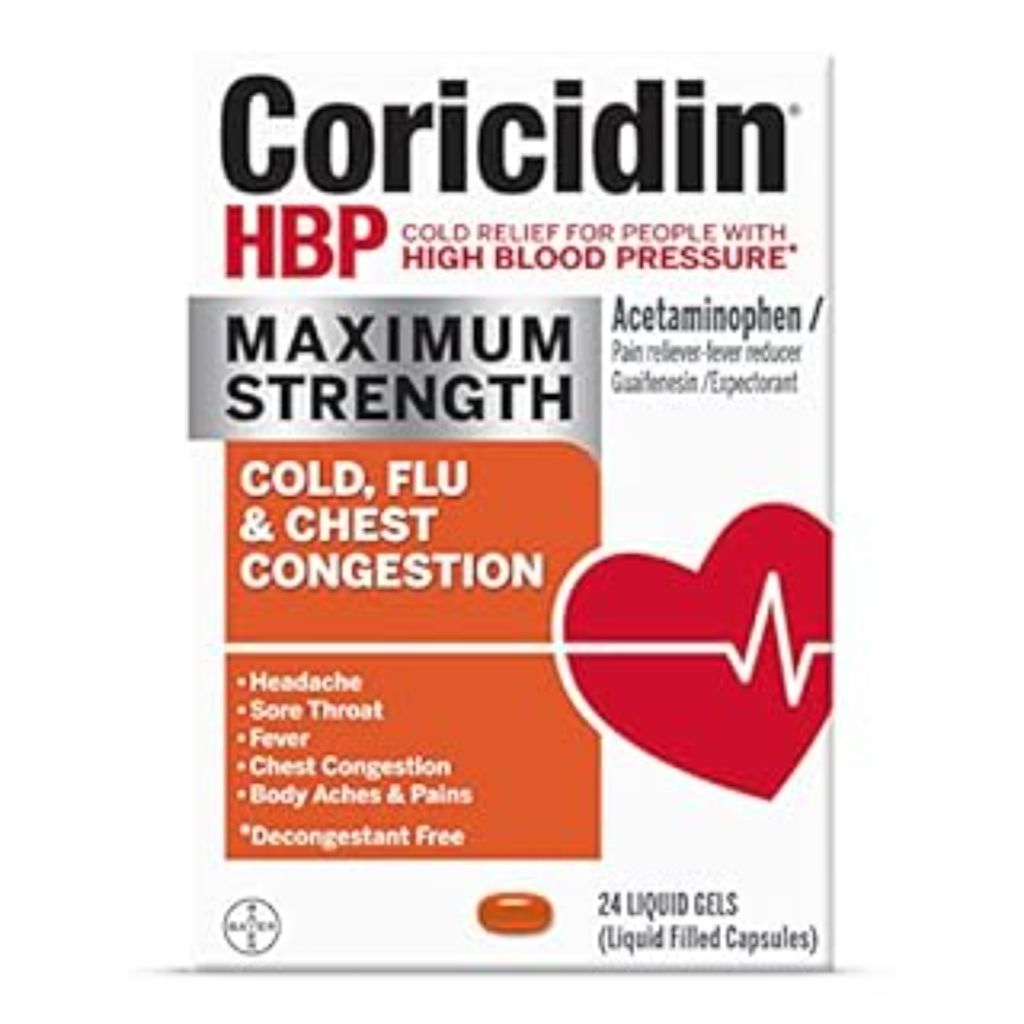 Coricidin HBP Maximum Strength Cold  Cough & Flu Medicine  Liquid Gels  24 Ct