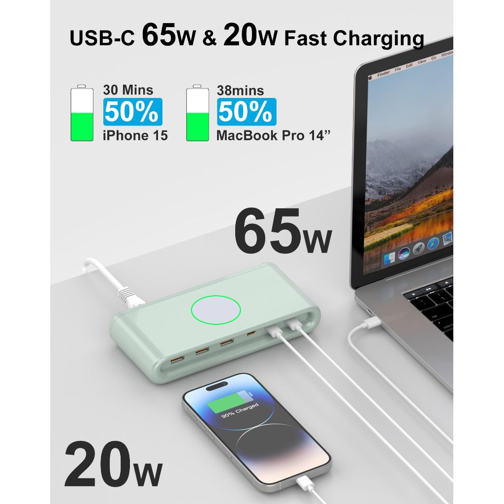 USB Charging Station for Multiple Devices with 6-Ports (Single-Port PD65W and PD20W), Charging hub for Multiple Devices, MacBook, Laptops, iPad Pro, iPhone and More, Charger Block (Green)