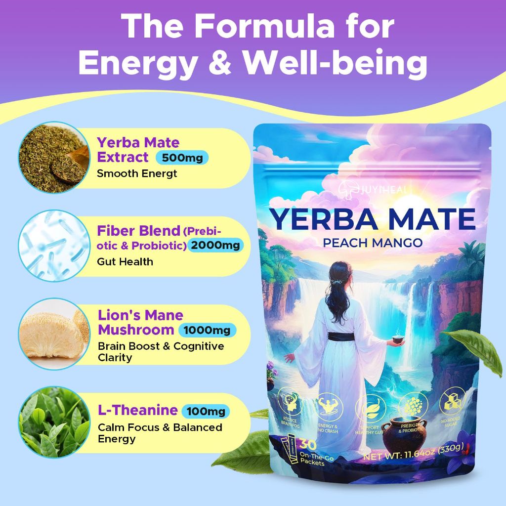 JUYIHEAL 30 Sticks Instant Yerba Mate Powder Packets, Sugar-Free, Peach Mango