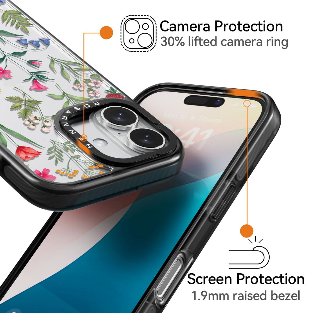 Rosarnnah Compatible for iPhone 16 Case Cute - Durable Shockproof 6.6 ft Drop - Black Nature Flower Design