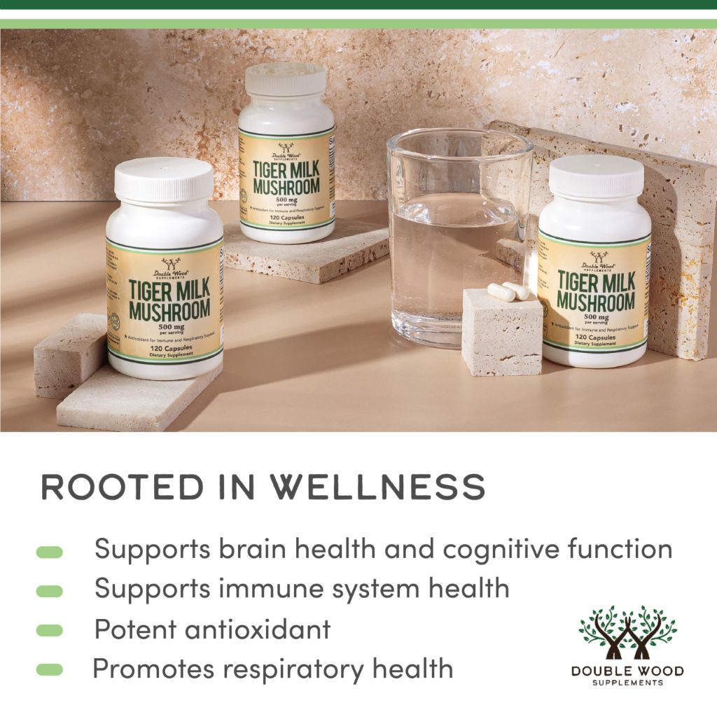 Double Wood Supplements Tigers Milk Mushroom Supplement (Lignosus Fungi) 500mg per Serving, 120 Capsules