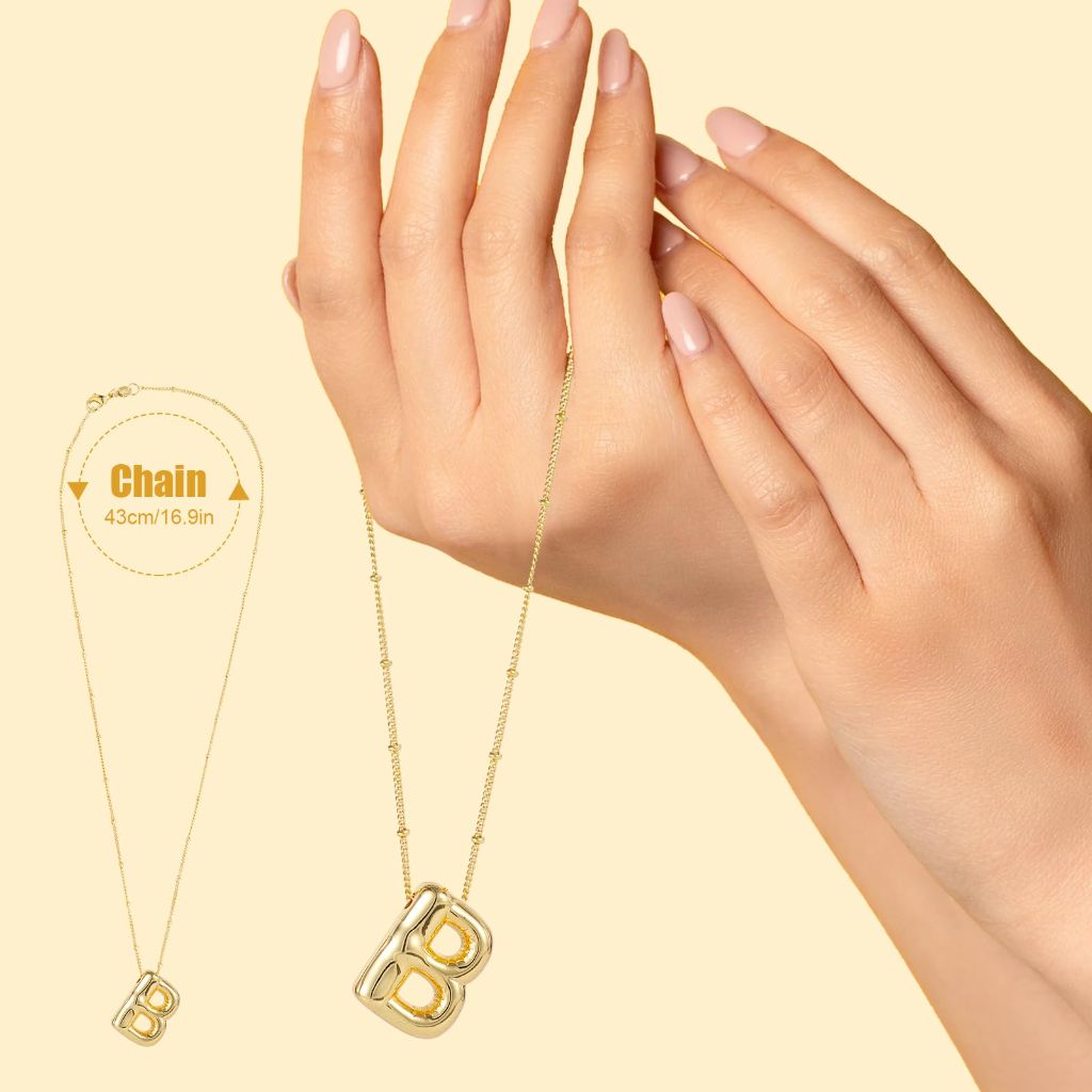 BOXOB Bubble Letter Necklace, 14k Gold Plated Balloon (B)