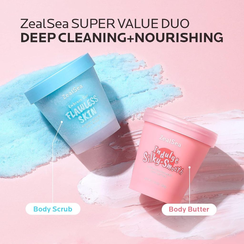 ZealSea Body Scrub & Body Butter Set: Dead Sea Salt Exfoliating Natural Body Scrub 9.88 Oz and Coconut Shea Body Butter 7.05 Oz