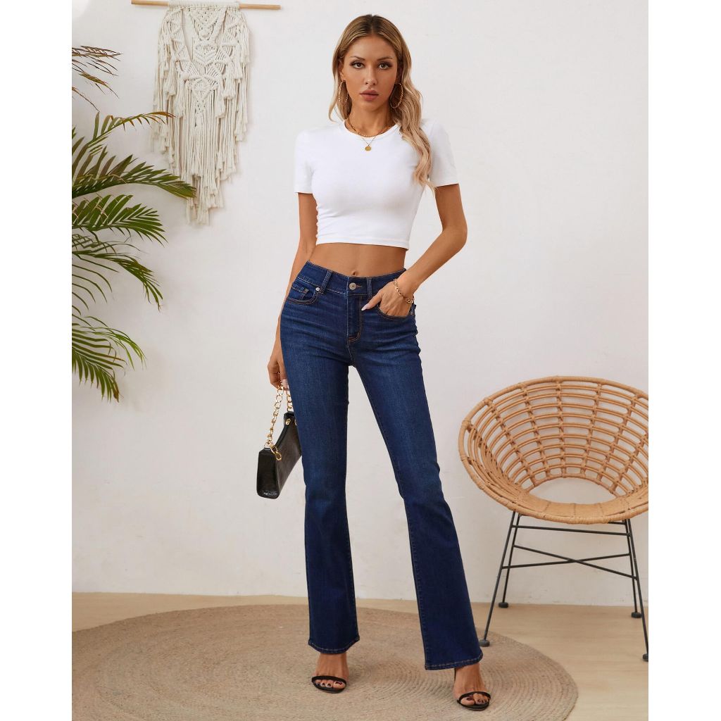 OFLUCK Bell Bottom Jeans,  Stretchy High Waisted Trendy Flare Jeans Curvy Denim Pants, Dark Blue, SIze 8R