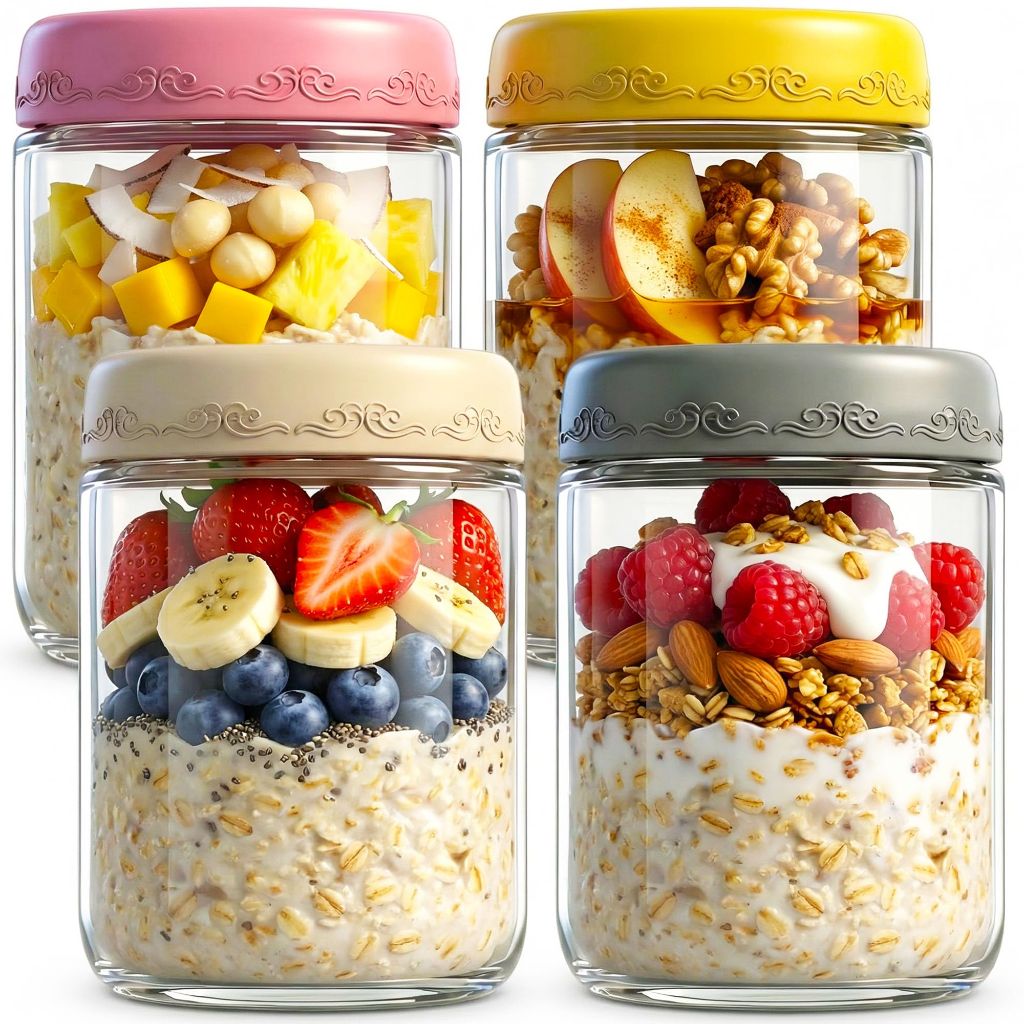 DicraoLea 16oz 4Pack Glass Overnight Oats Jars Containers with Airtight Leakproof Lids