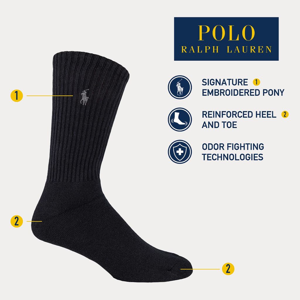 POLO RALPH LAUREN Mens Ribbed Casual Crew Socks - 3 Pair Pack Cotton Comfort & Heel-toe Reinforcement PP Rib, Gray Assorted, 6-12.5 US