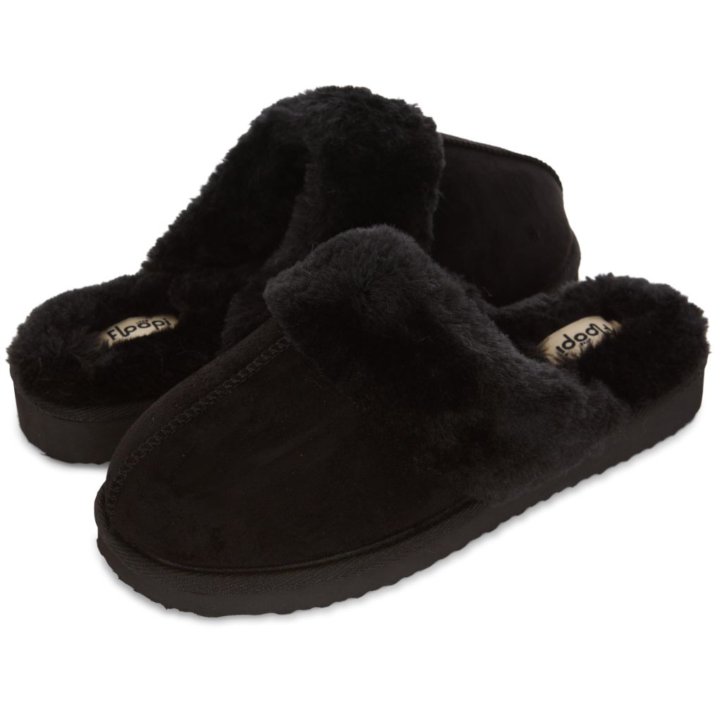 Floopi House Slippers for Women, Vegan Leather EVA Scuff Womens Slippers Cozy Memory Foam with Indoor & Outdoor Anti Skid Sole, Black, 8