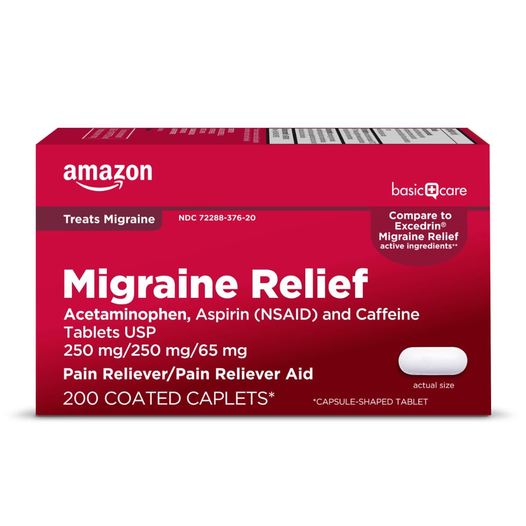 Amazon Basic Care Migraine Relief Acetaminophen Tablets, 200 Count