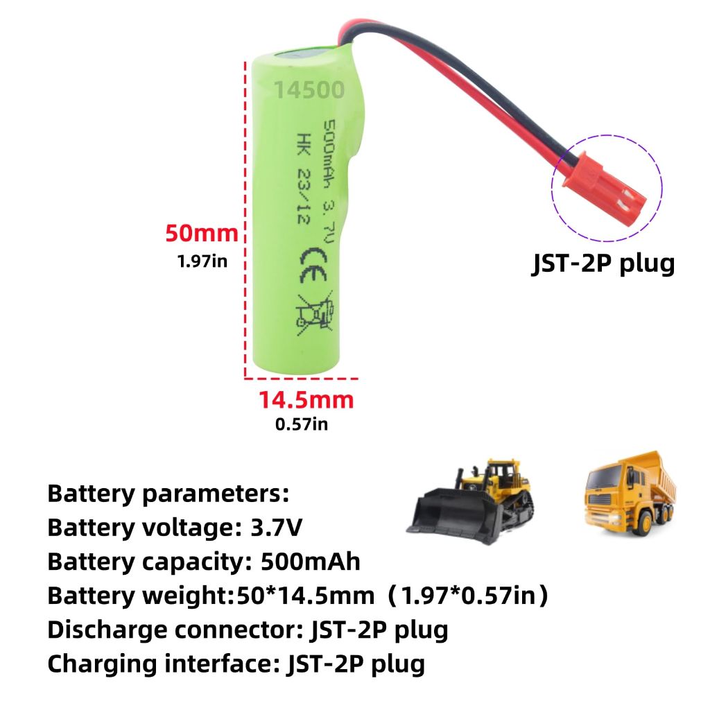 Sea jump 2PCS 3.7V 500mAh Li-ion Battery with USB Charging Cable Suitable for Huina 1337 1338 1516 1517 Remote Control Engineering Vehicle RC Remote Control Toy Car Battery