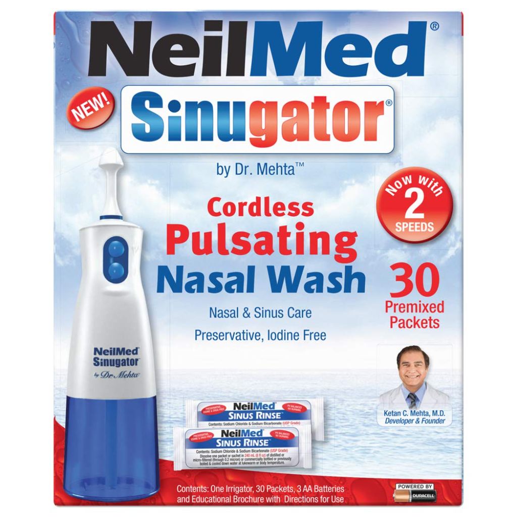 NeilMed Sinugator Cordless Pulsating Nasal Wash Kit with One Irrigator, 30 Premixed Packets and 3 AA Batteries