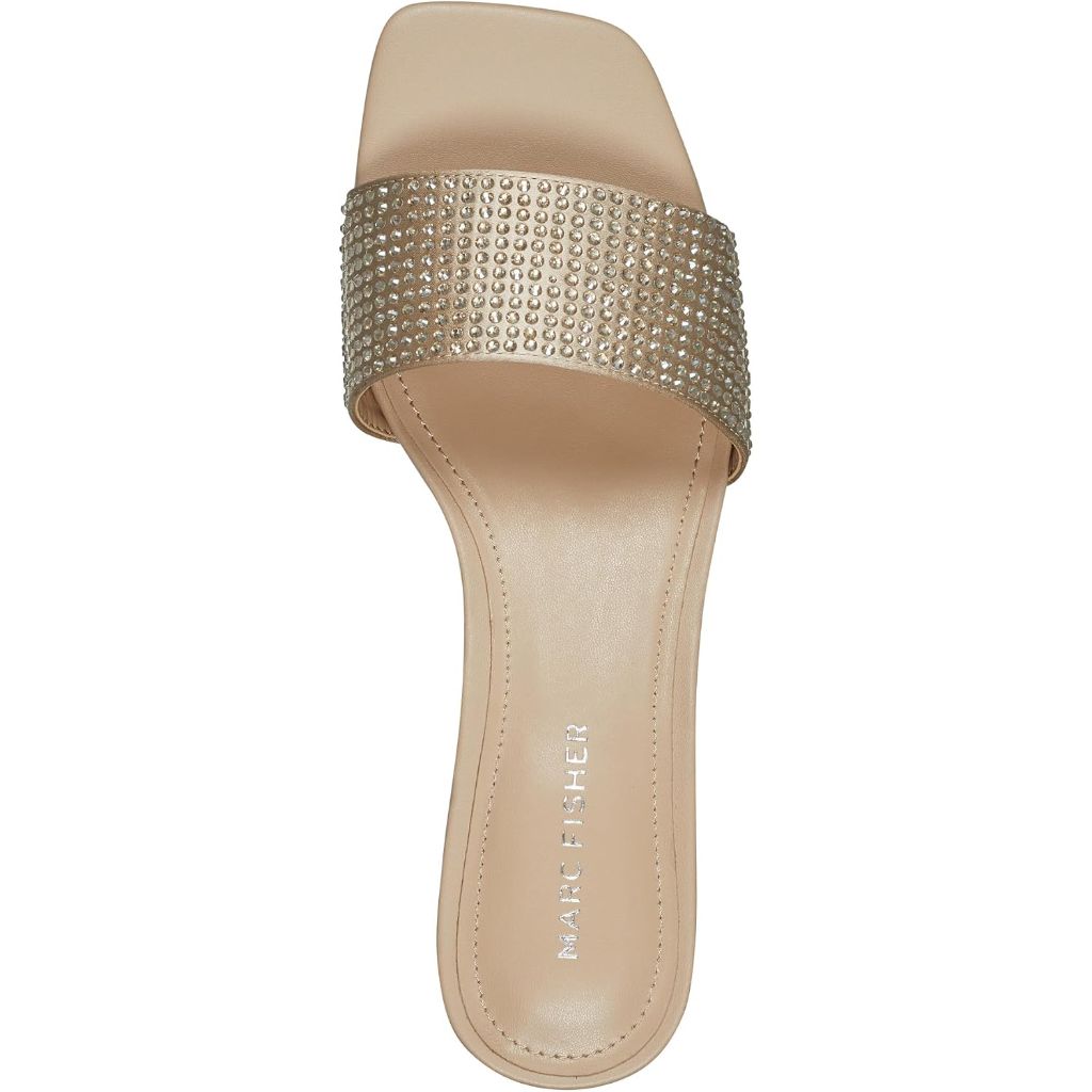 Marc Fisher Women's Casarea 2 Slip-On Heeled Sandals w/Rhinestones - Light Natural Satin, Size 7