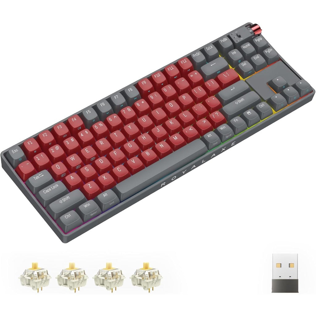 R87 Wireless Mechanical Keyboard, Hot Swappable with RGB Light, PBT Keycaps, G Pro 3.0 Yellow Switch, Night Crimson