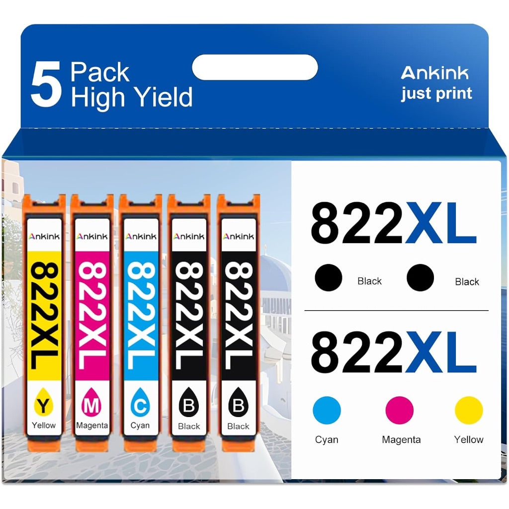 822XL 822 Ink Cartridges Combo Pack Remanufactured for Epson 822XL T 822 XL T822 Ink (5 Pack, Black Cyan Magenta Yellow)