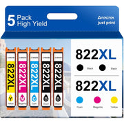 822XL 822 Ink Cartridges Combo Pack Remanufactured for Epson 822XL T 822 XL T822 Ink (5 Pack, Black Cyan Magenta Yellow)