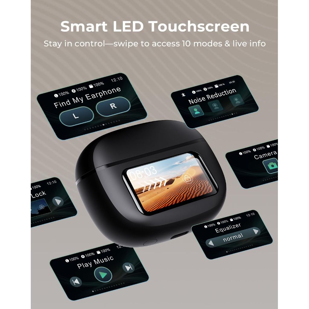 Wireless Earbuds with Touchscreen Smart Charging Case, Active Noise Cancelling, Bluetooth 6.0, IPX7, 40H Battery