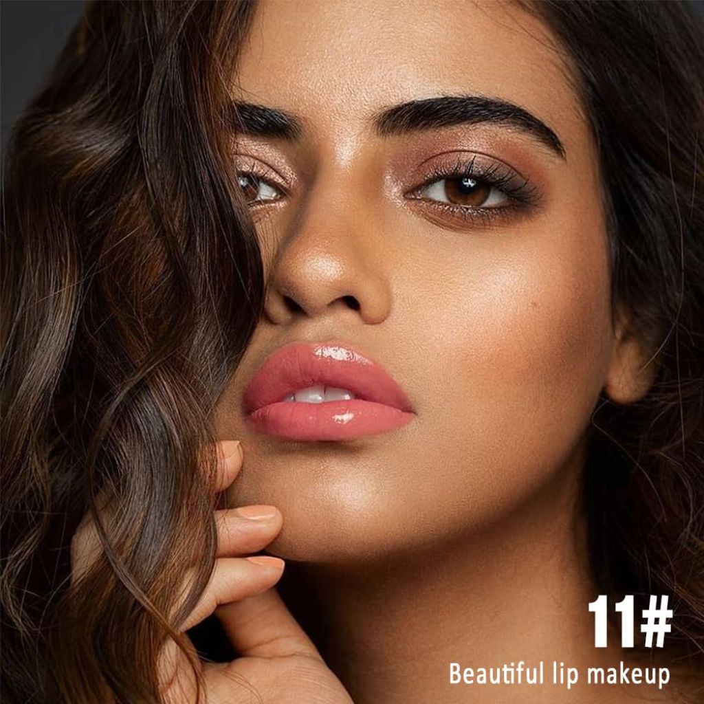 Evpct Peachy Nude Shiny Longwear No-Budge Liquid Lip Color Lipstick Makeup, with Lip Liner Brush, 11#