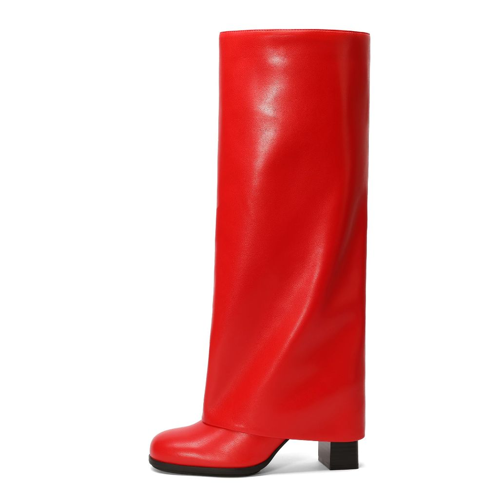 SZ 7, Meolee Knee High Boots Women Fold Over  | Red Leather