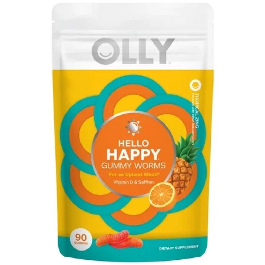 OLLY Hello Happy Gummy Worms  Mood Balance Support* Supplement  30 mg Saffron Extract  Vitamin D  Tropical Zing flavor with other natural flavors  90 Ct