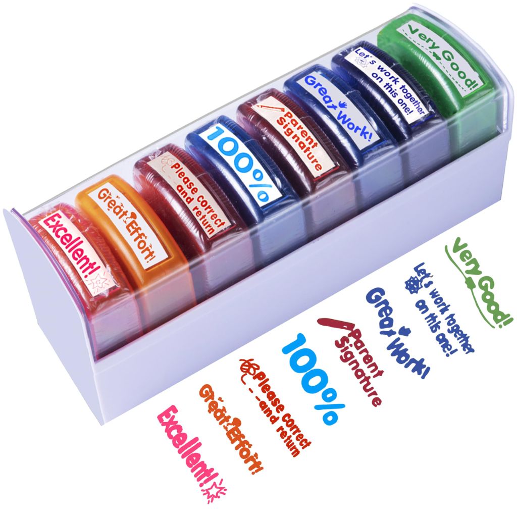 Teacher Stamps for Classroom Grading – 8PCS Self-Inking Rectangular Teacher Stamp Colorful Stamps for Teachers with Motivational Messages Perfect Classroom Supplies & Gifts for Homeschool